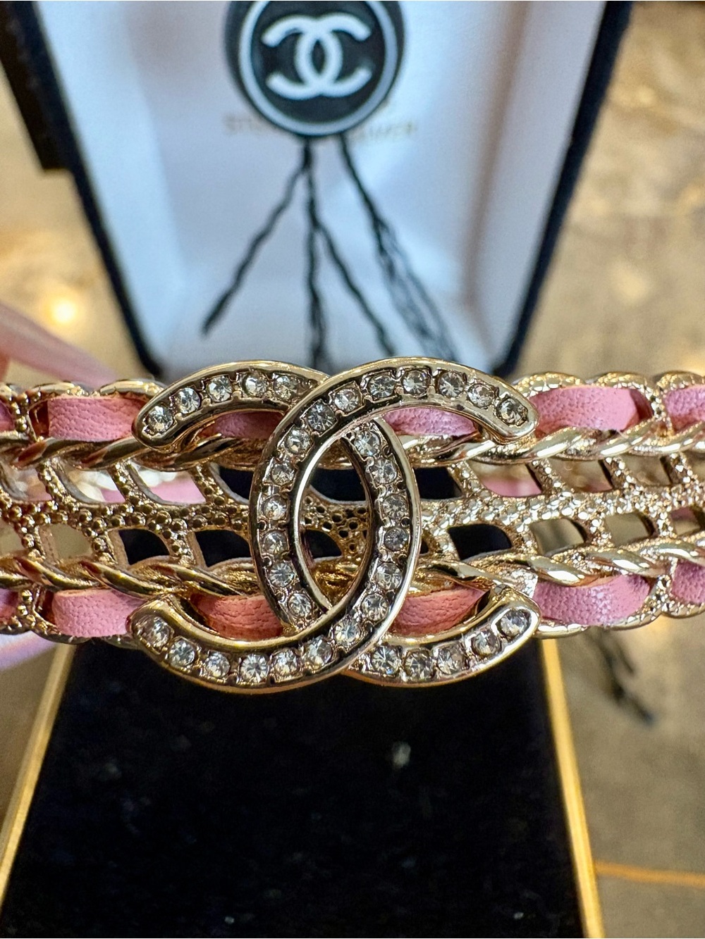 CHANEL Pink Leather Gold Crystal Double-C Chain Cuff Bracelet Nice ! - Picture 2 of 8